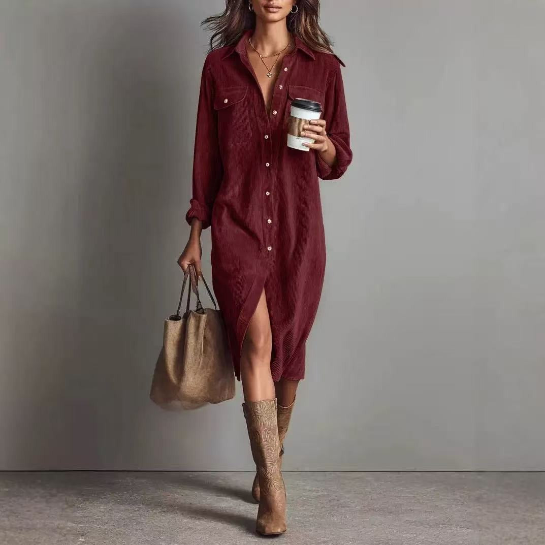 Béatrice | Vestido midi de pana con bolsillos y cierre de botones sencillo