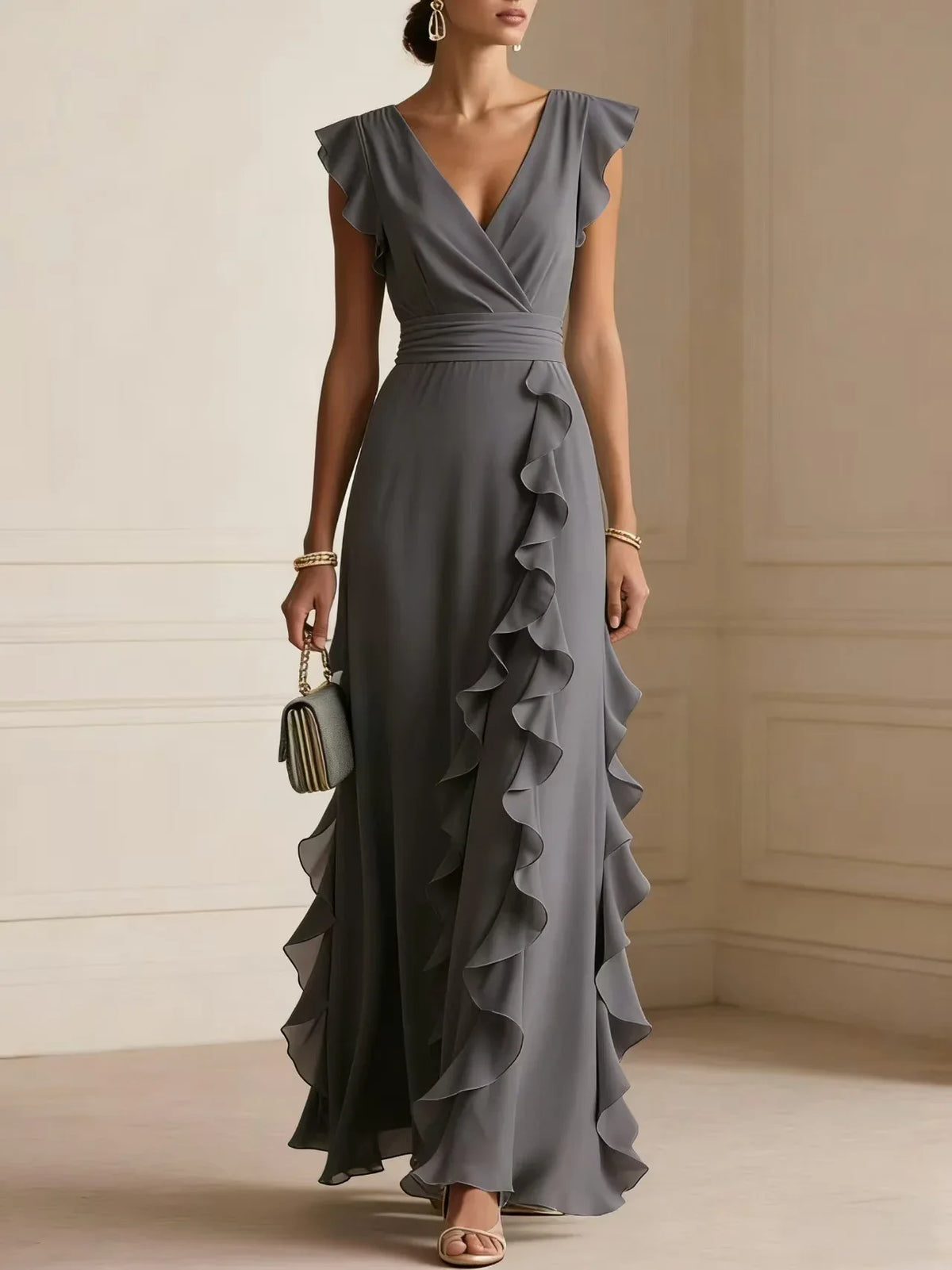 Bettina - Vestido largo de noche con escote en V y volantes