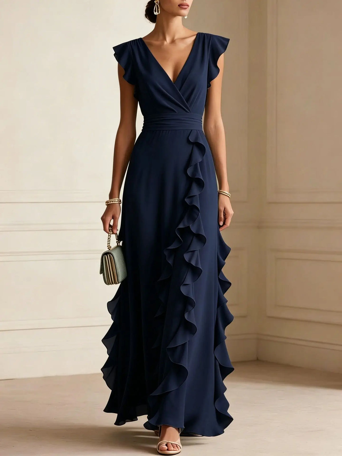 Bettina - Vestido largo de noche con escote en V y volantes