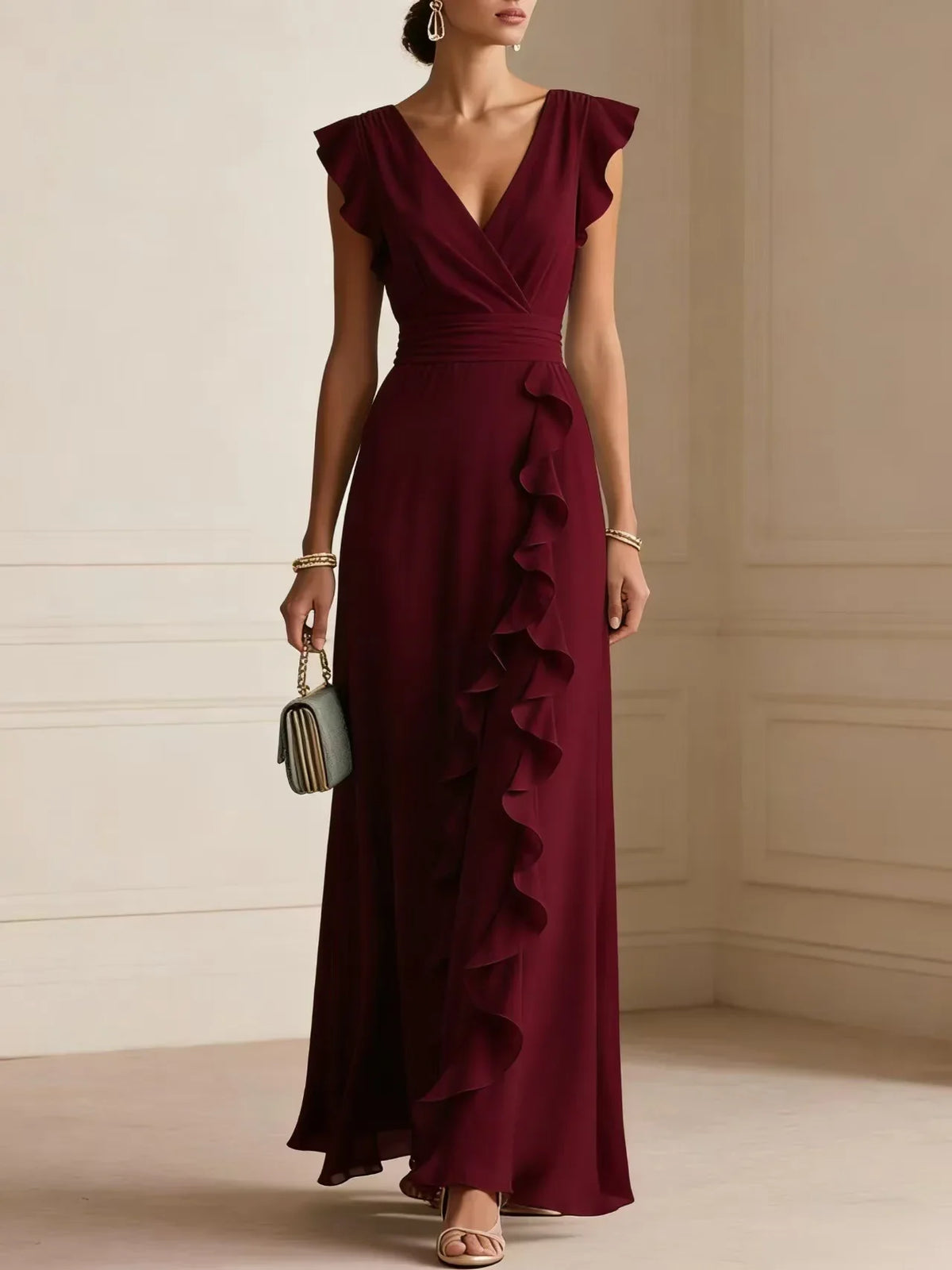 Bettina - Vestido largo de noche con escote en V y volantes